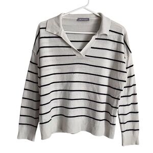 Milan Kiss Stripe Polo Long Sleeve Sweater White Black Coastal Preppy Small